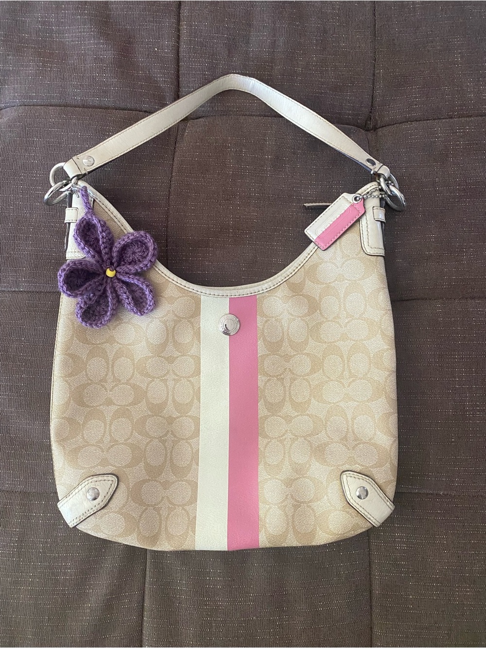 Coach Cream Signature Shoulder Bag with Pink Stripe and Purple Charm